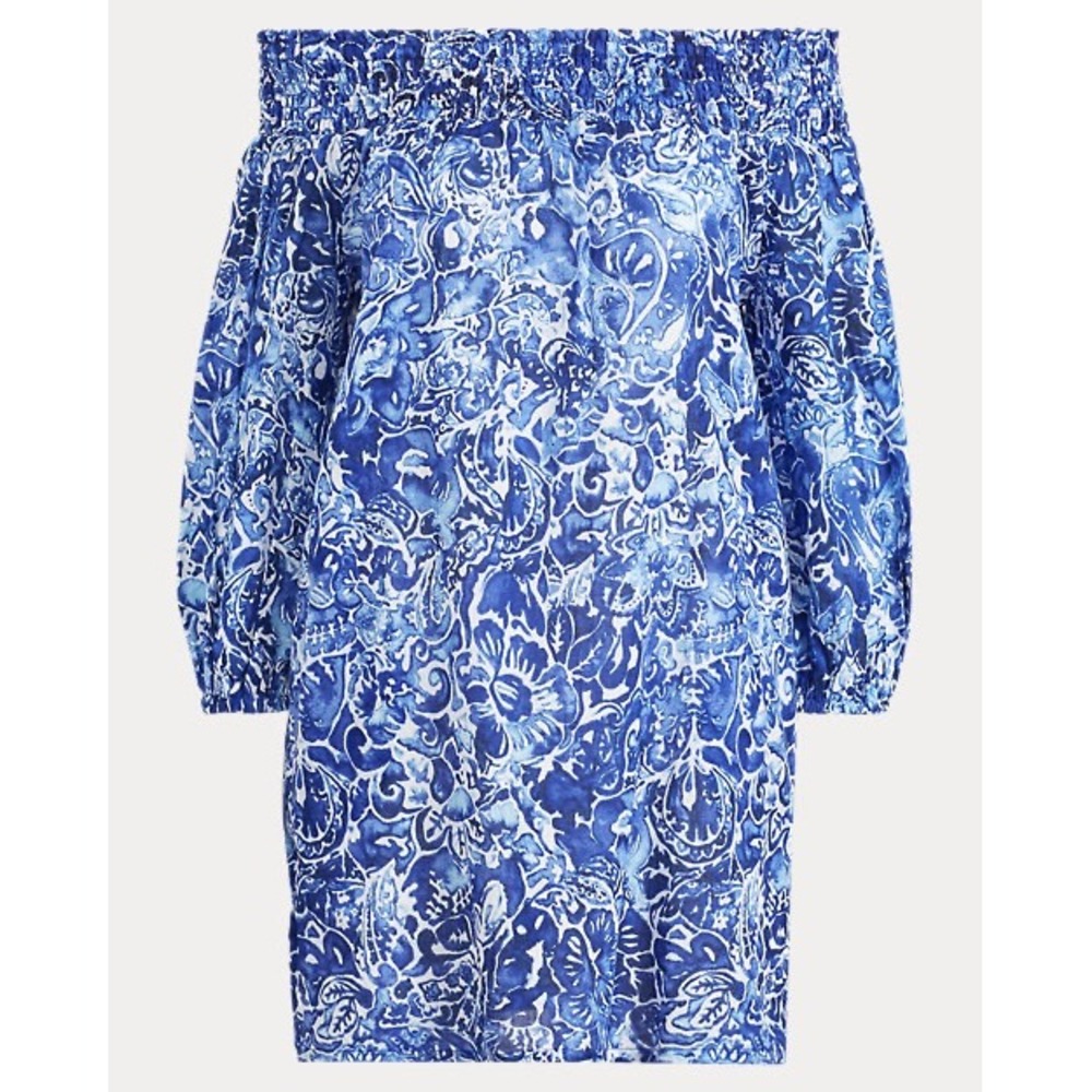 Ralph Lauren Womens Medium Blue White Floral Off Shoulder Tunic Coverup‎ Coastal